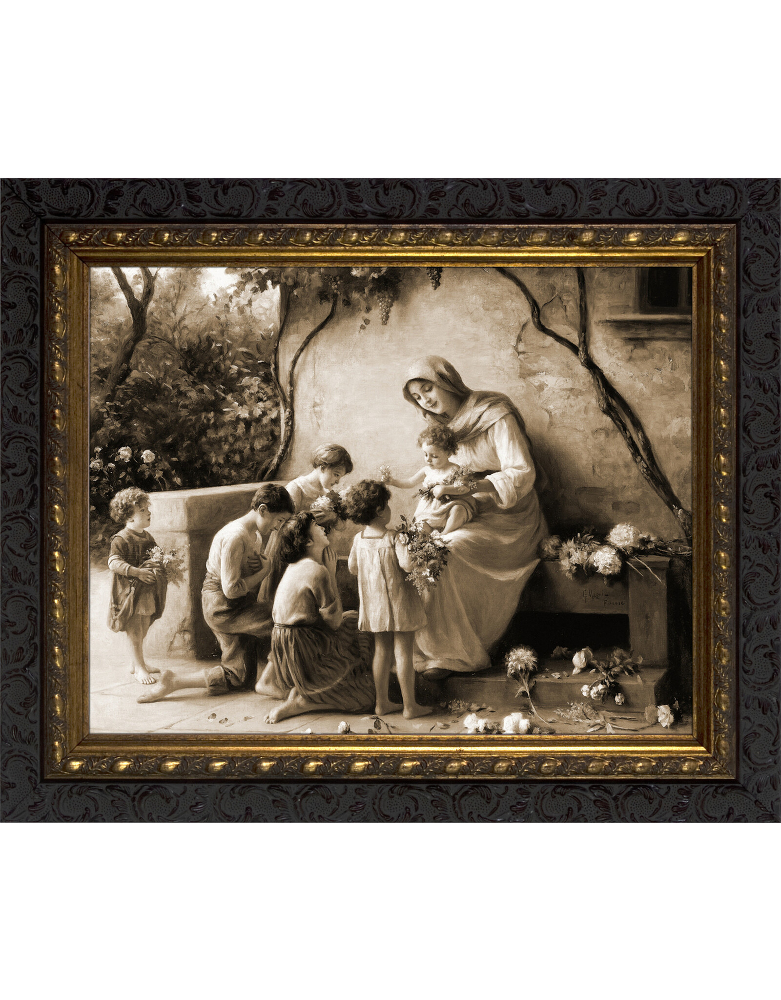Nelson Art Adoration (Mary & Baby Jesus with Children) by Giuseppe Magni Sepia Ornate Dark Framed Art Picture 8x10