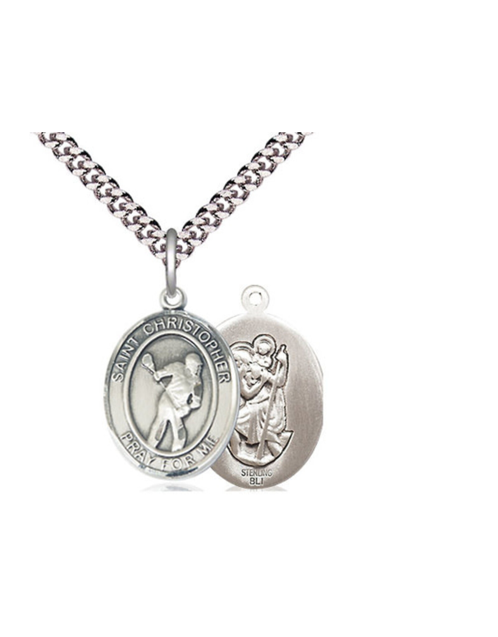 Bliss St. Christopher Lacrosse Medal (Sterling Silver) on 24" Rhodium Chain