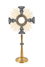 Elleci Monstrance - Brass Hand-Chiseled Evangelists, Silver/Gold Plated (2-3/4" Diameter Luna)