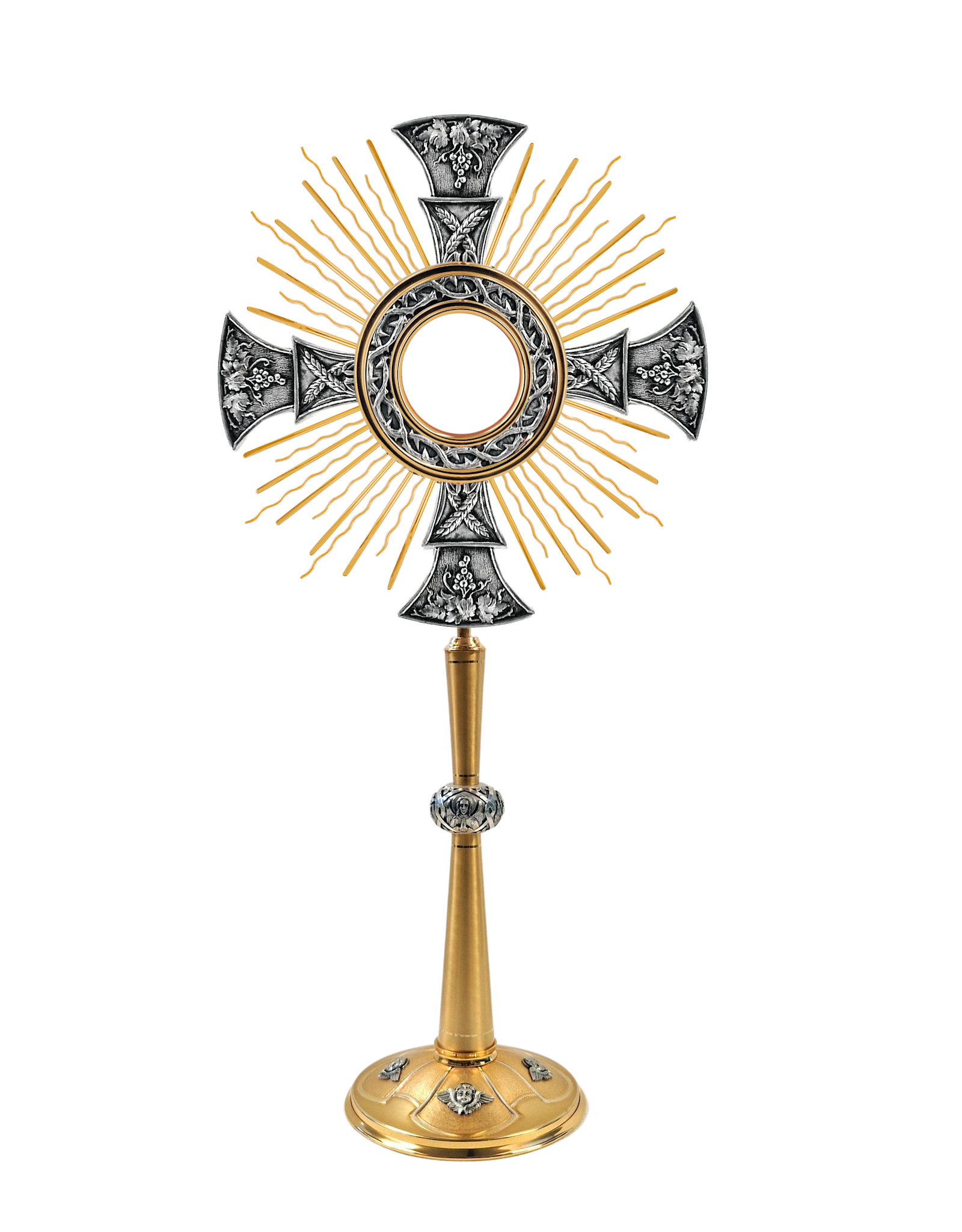 Elleci Monstrance - Brass Hand-Chiseled Evangelists, Silver/Gold Plated (2-3/4" Diameter Luna)