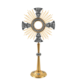 Elleci Monstrance - Brass Hand-Chiseled Evangelists, Silver/Gold Plated (2-3/4" Diameter Luna)