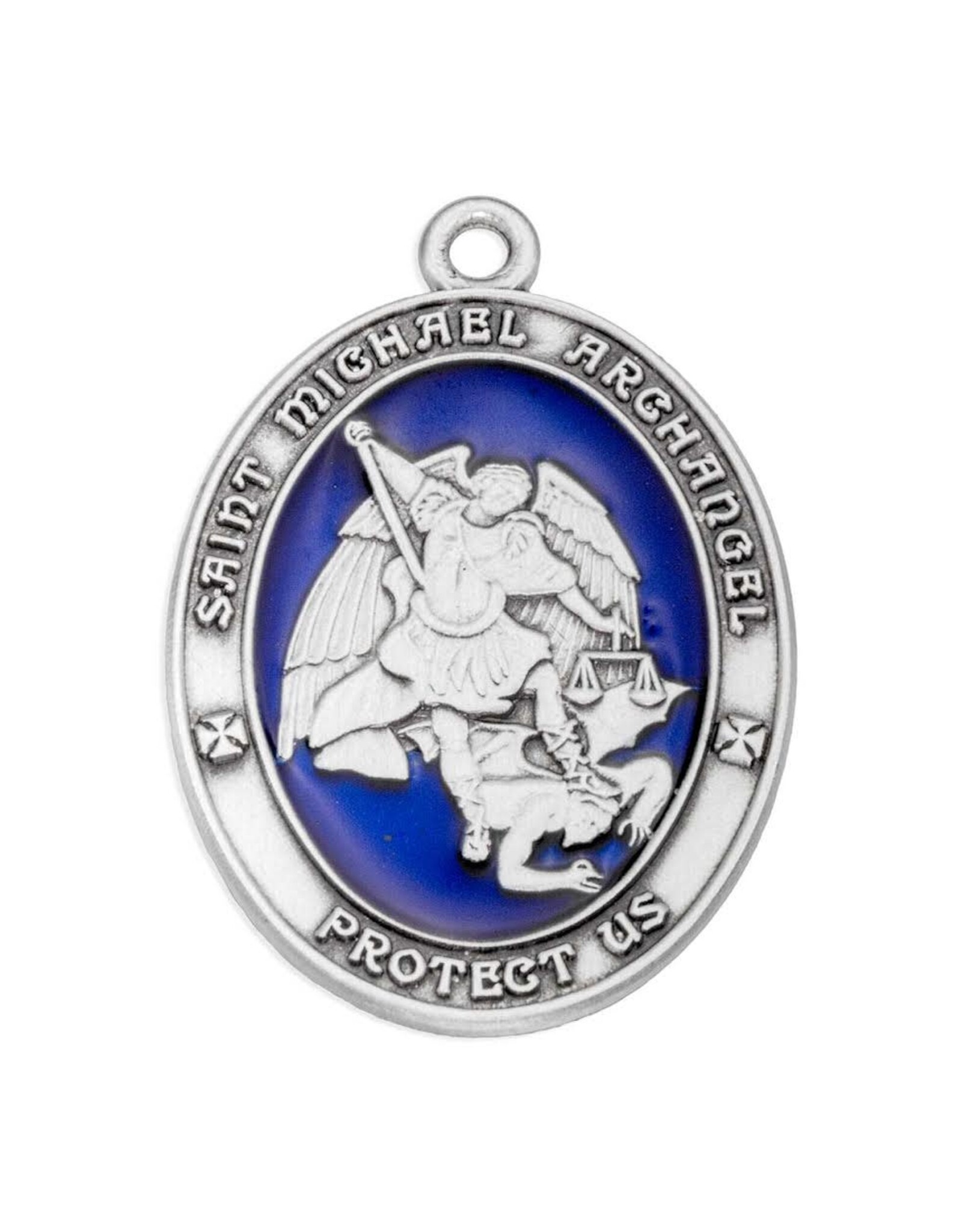 HMH St. Michael Medal - Oval, Sterling Silver (Blue Epoxy), 24" Chain