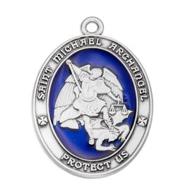 HMH St. Michael Medal - Oval, Sterling Silver (Blue Epoxy), 24" Chain