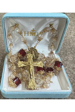 HMH Rosary - 8mm Glass Tulip Red Capped, Brass Crucifix and Center