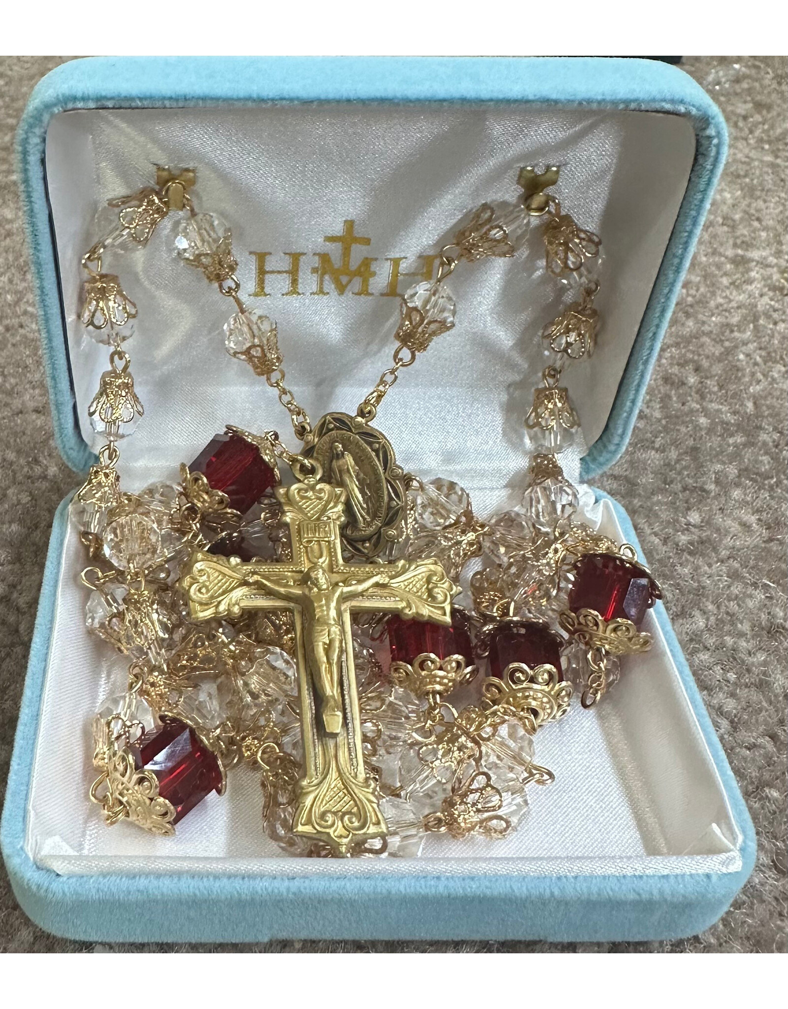 HMH Rosary - 8mm Glass Tulip Red Capped, Brass Crucifix and Center