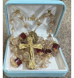 HMH Rosary - 8mm Glass Tulip Red Capped, Brass Crucifix and Center