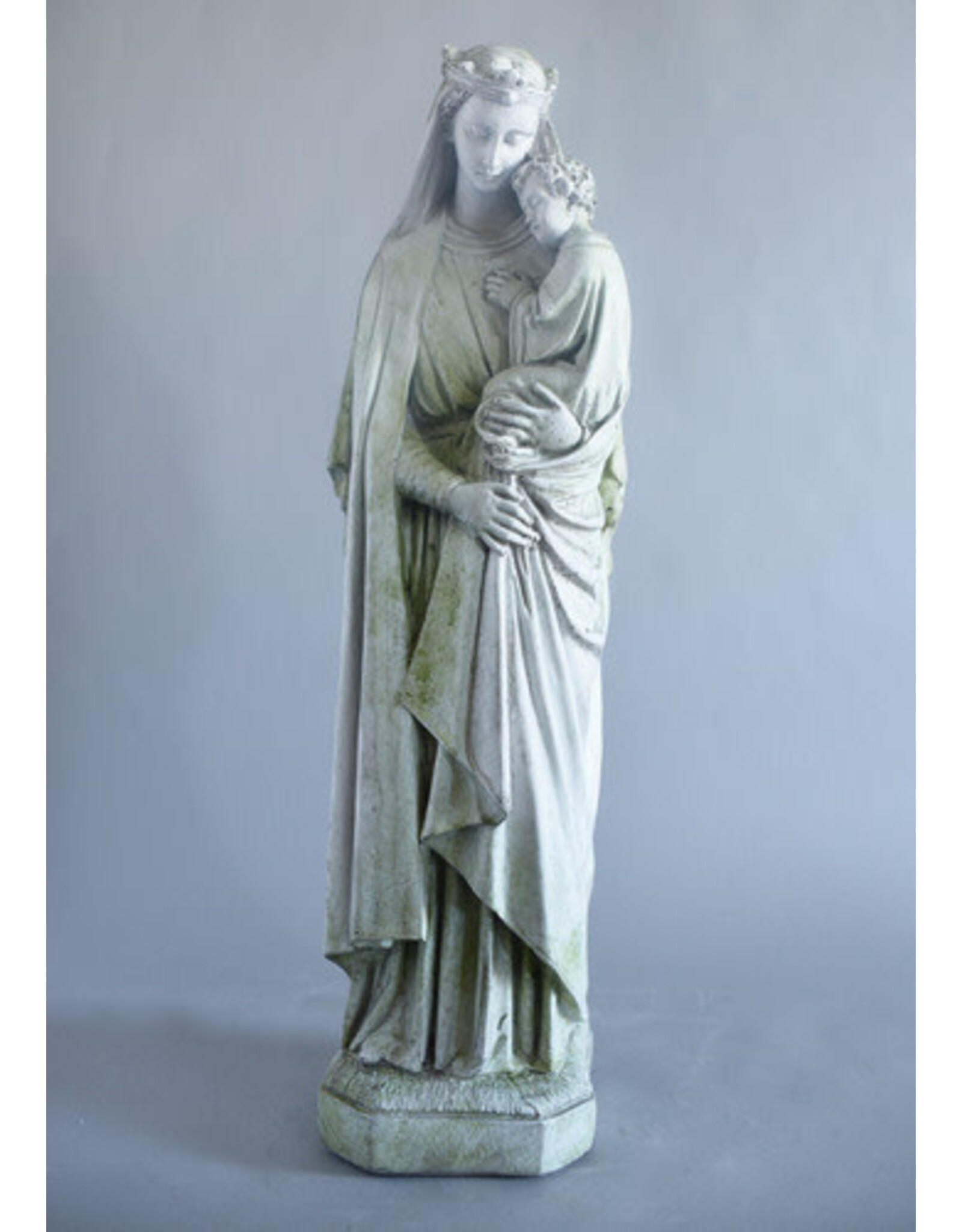 Orlandi Queen Mary & Child Outdoor Statue - Fiber Stone, White Moss Finish (25")