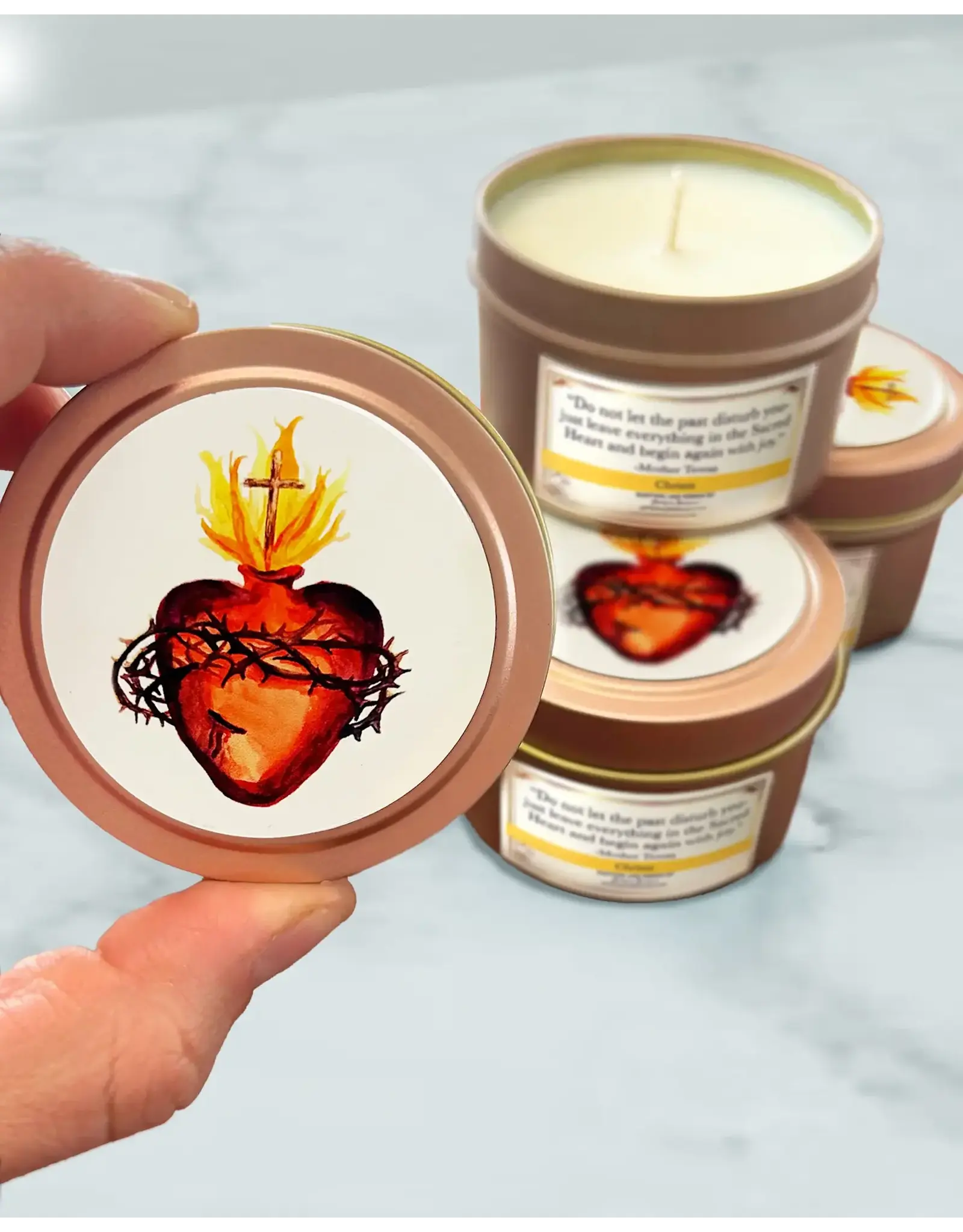 Leanne Bowen Chrism Candle, Sacred Heart Tin, 4oz