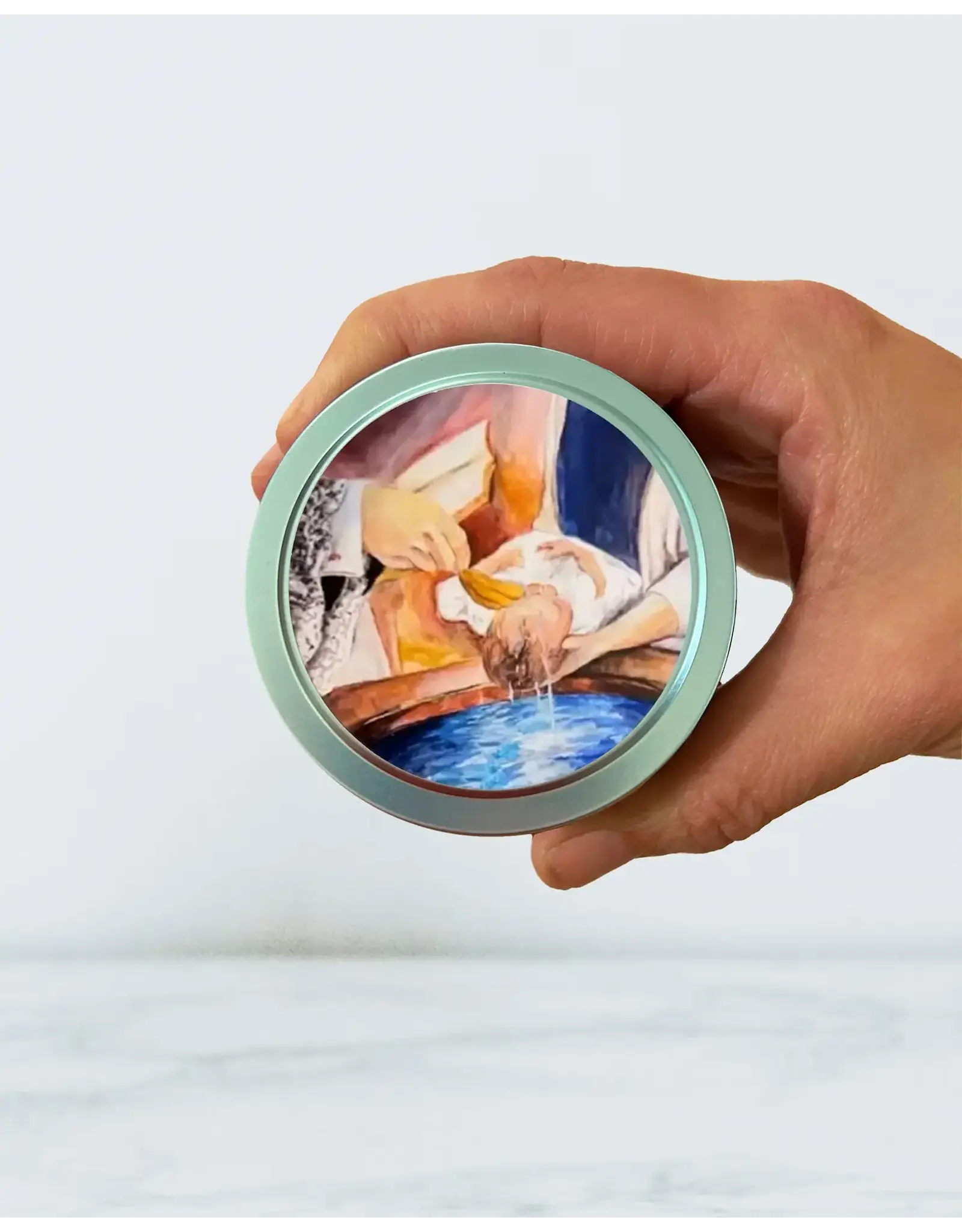 Leanne Bowen Chrism Candle, Baptism Tin, 4oz