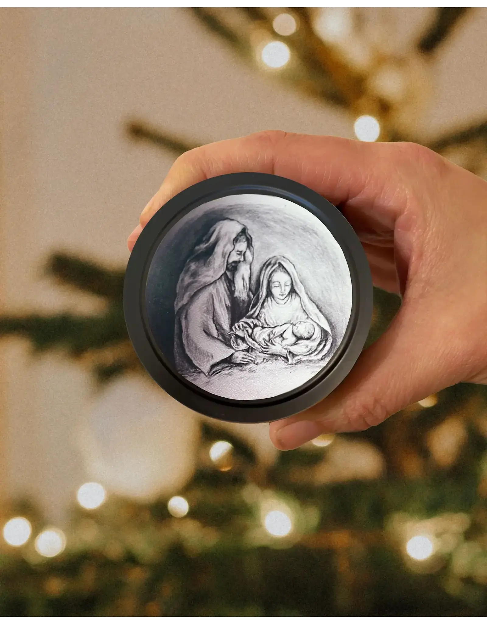 Leanne Bowen Holy Family Candle, Black Tin, 4oz