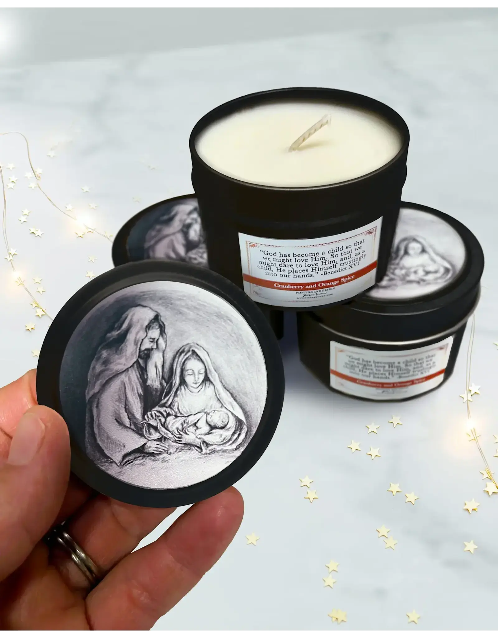 Leanne Bowen Holy Family Candle, Black Tin, 4oz