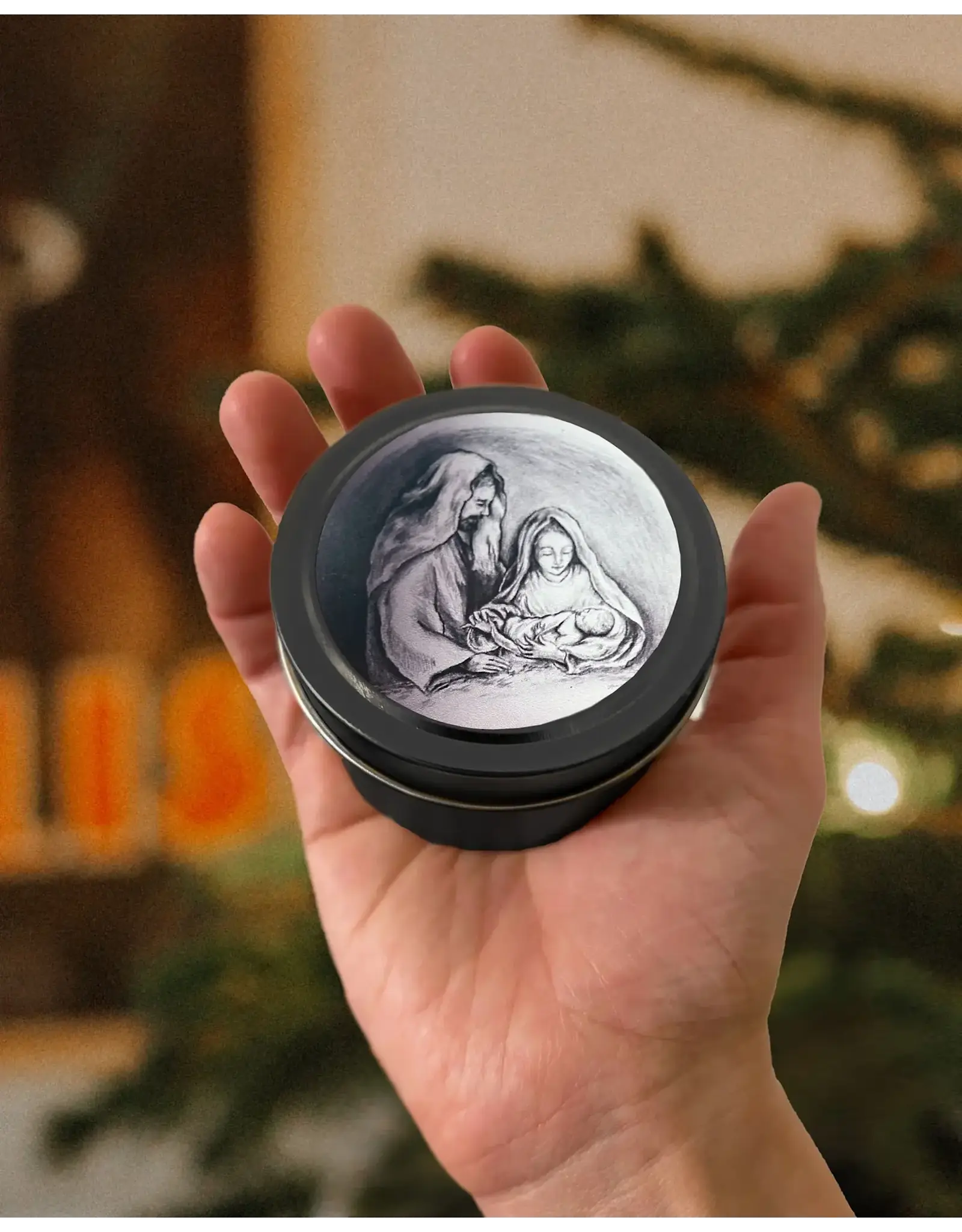 Leanne Bowen Holy Family Candle, Black Tin, 4oz