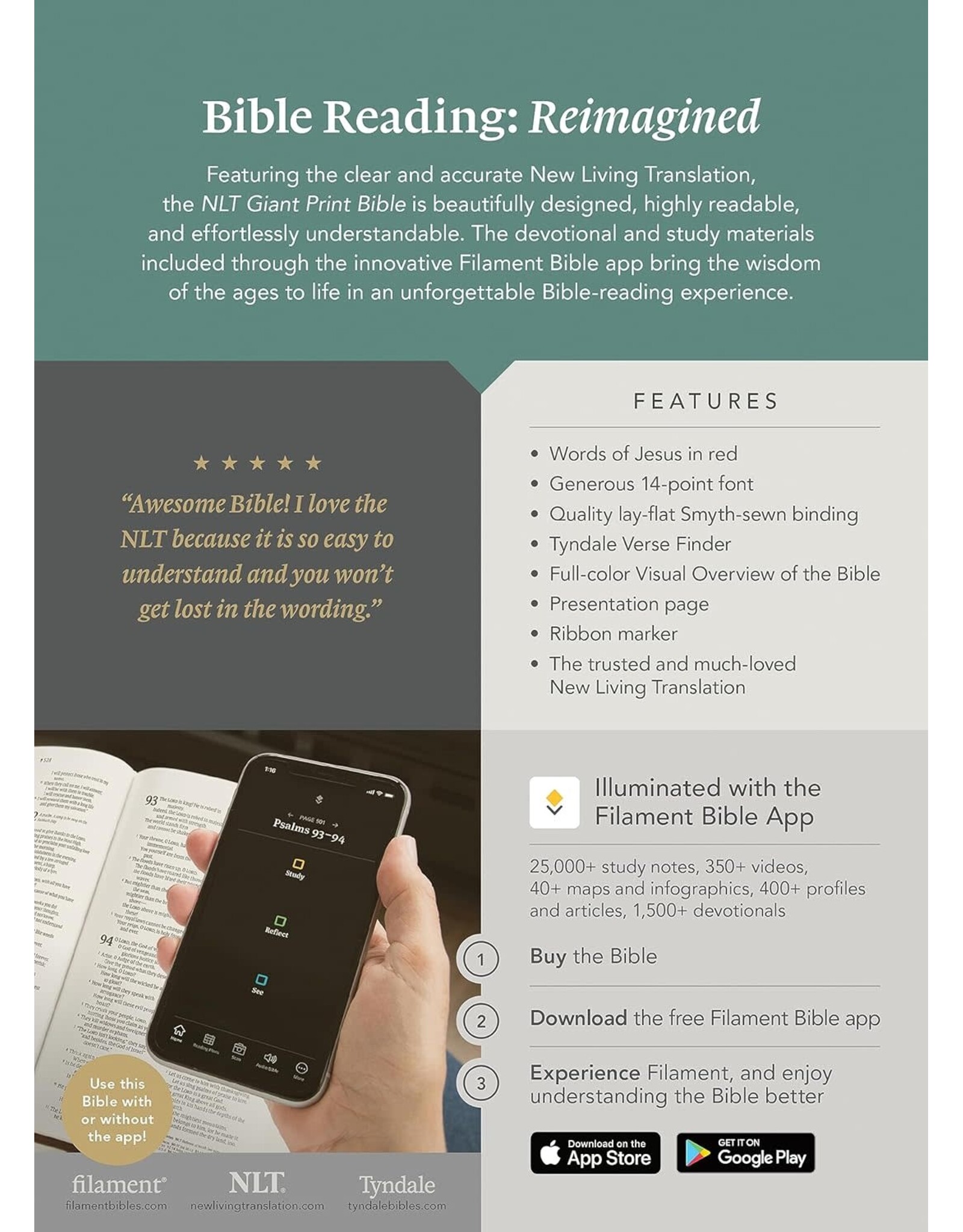 Tyndale NLT Giant Print Bible, Filament Enabled Edition (Leatherlike, Black, Red Letter)