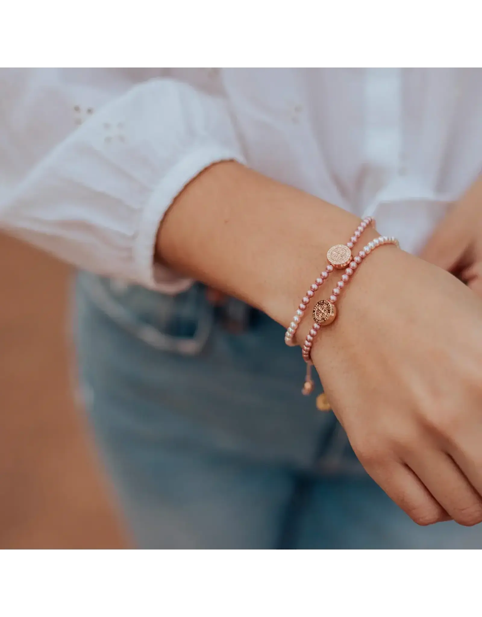 My Saint My Hero Bracelet - Love Lights the Way - St. Amos Crystal Pearl Bracelet