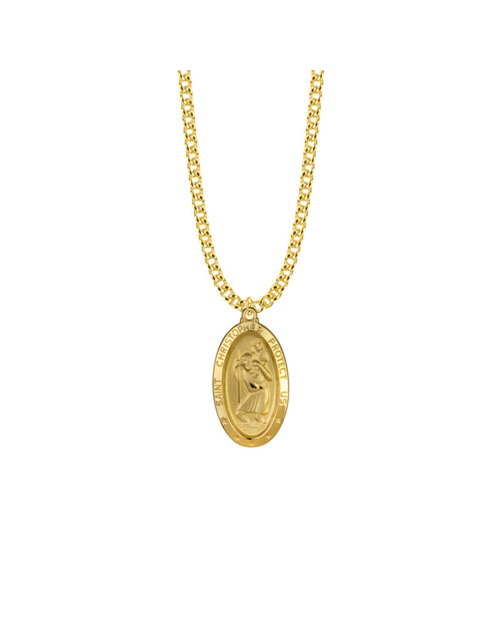Singer St. Christopher Medal - Oval, Gold Over Sterling Silver, 24" Gold over Stainless Chain