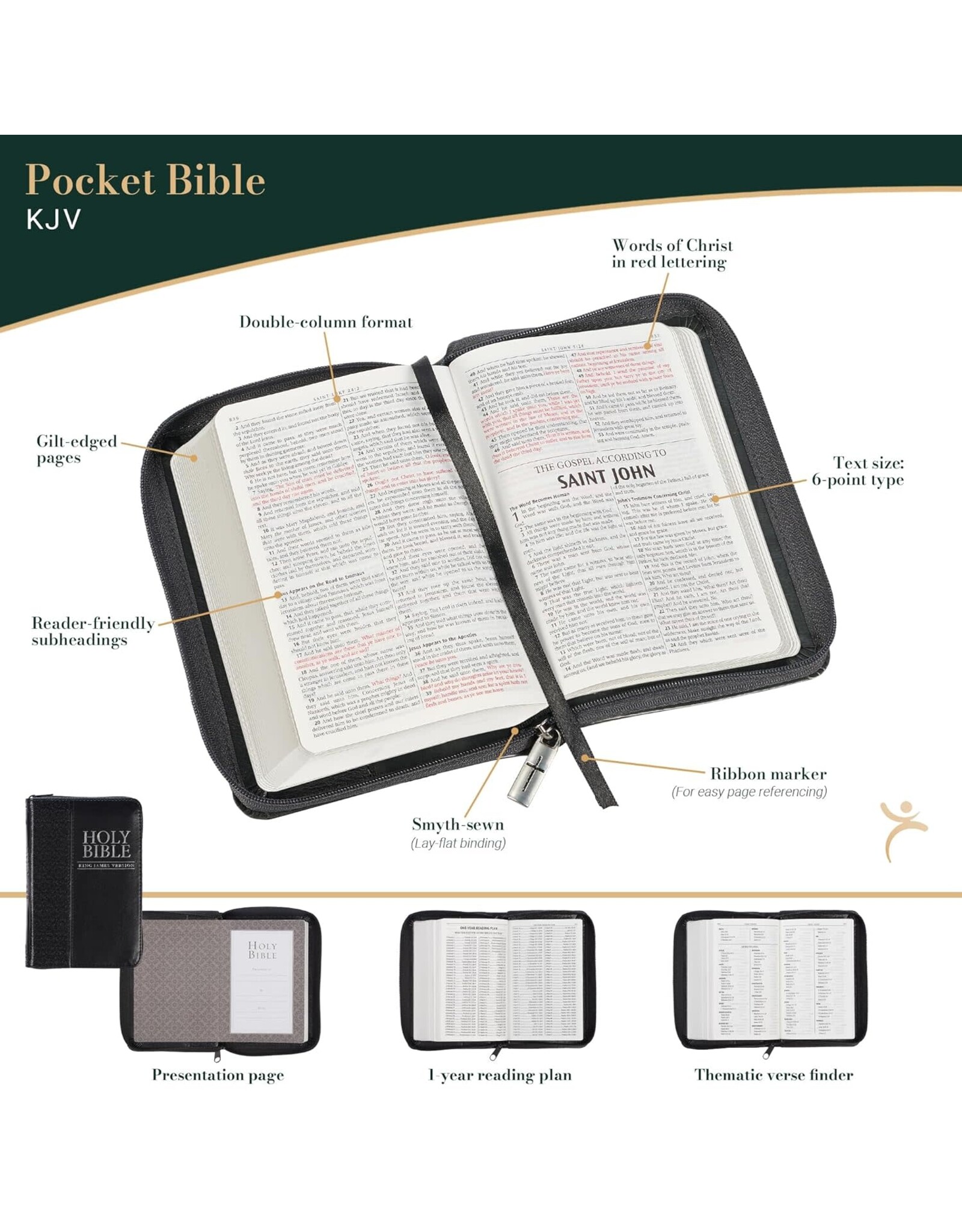 Christian Art Gifts KJV Mini Pocket Edition, Black, Zippered