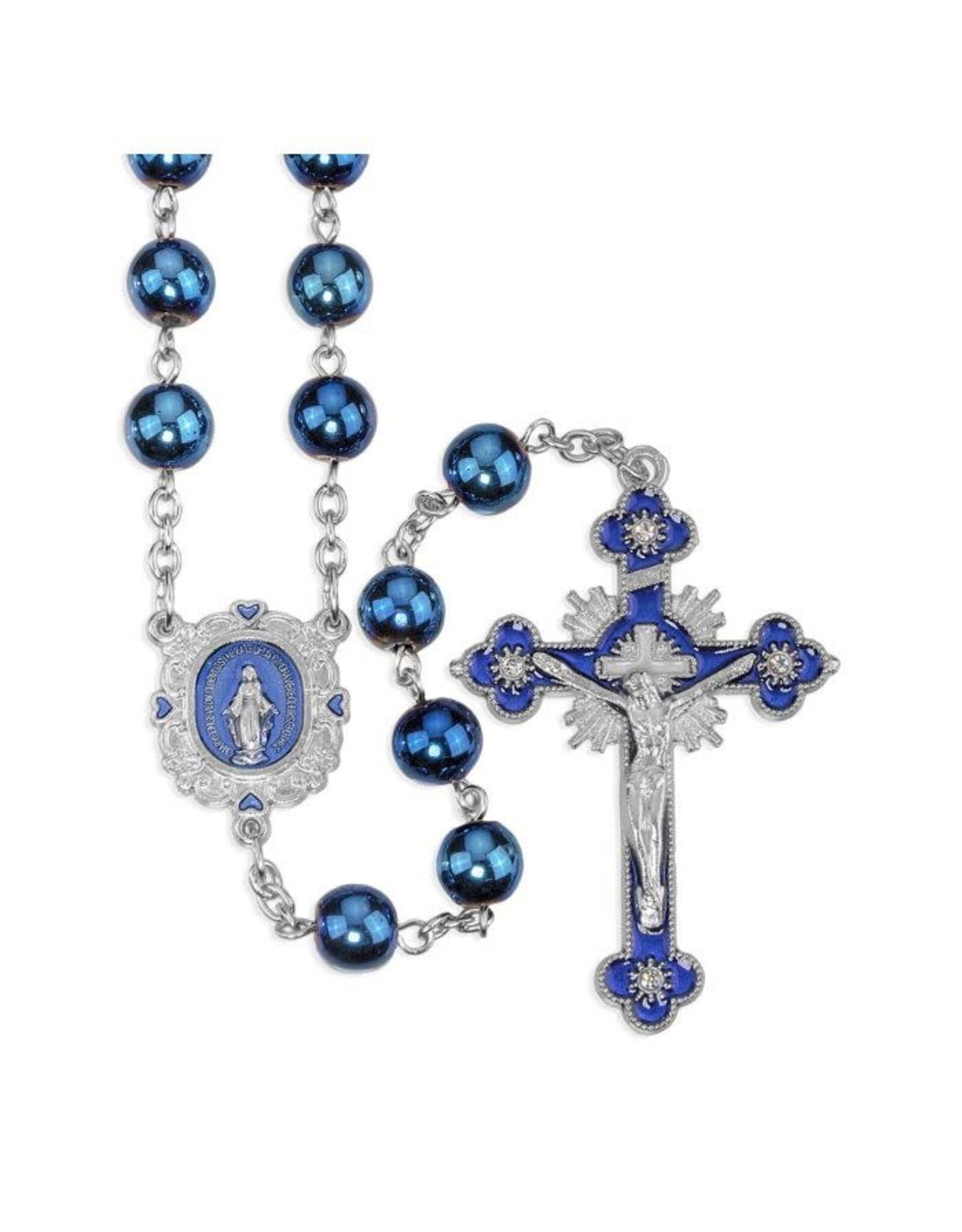 Hirten Rosary - Blue Epoxy Centerpiece, Blue Metallic Beads