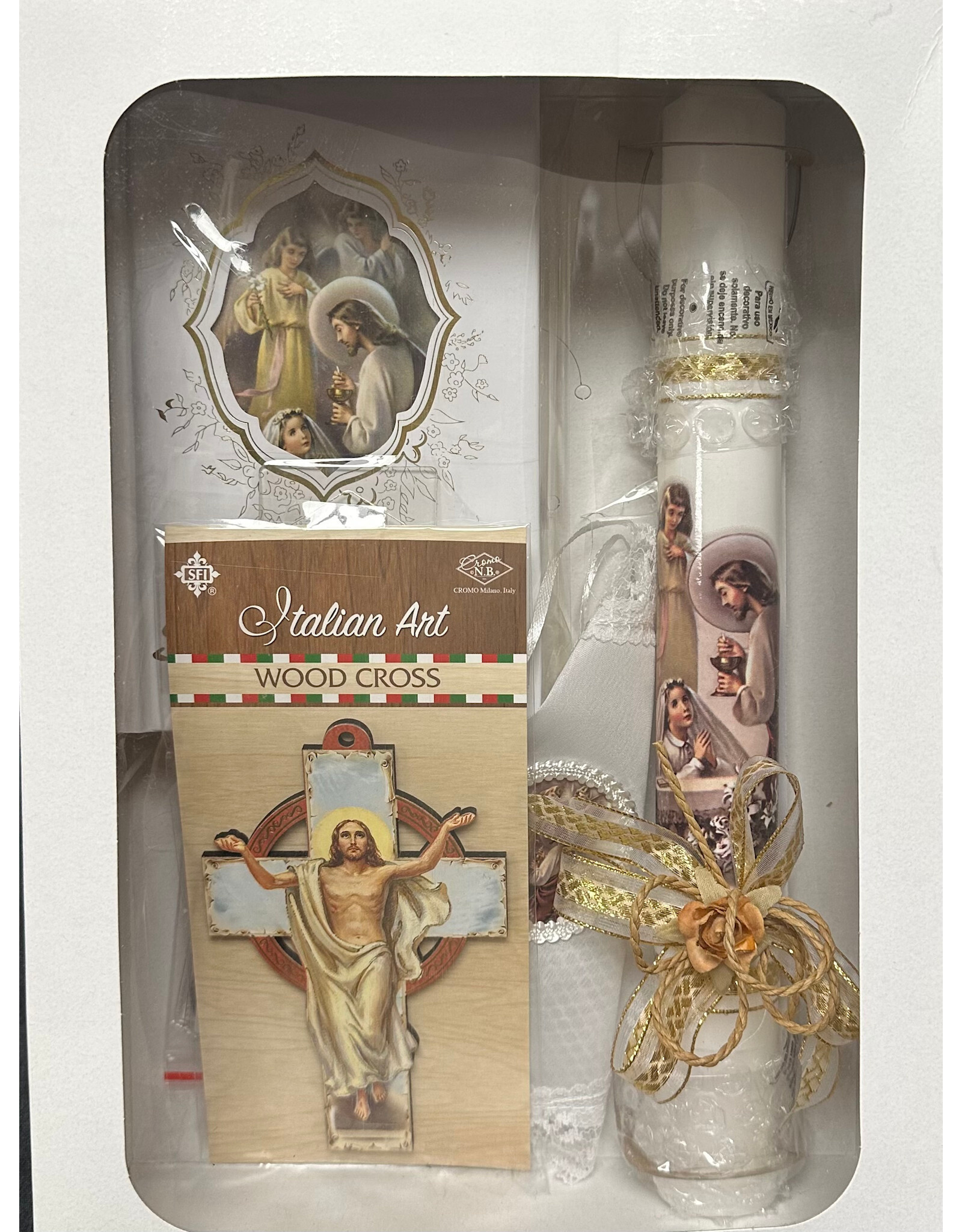 San Francis First Communion Set with Bible, Candle, Scapular & Cross (Girl, Spanish)