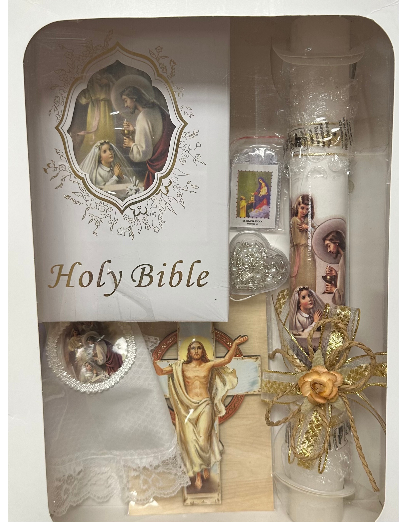 San Francis First Communion Set with Bible, Candle, Scapular & Cross (Girl, English)