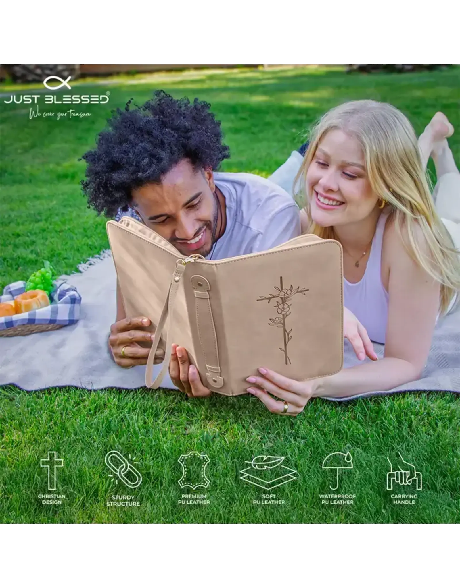 Just Blessed Bible Cover - Cross, w/Vine, Tan