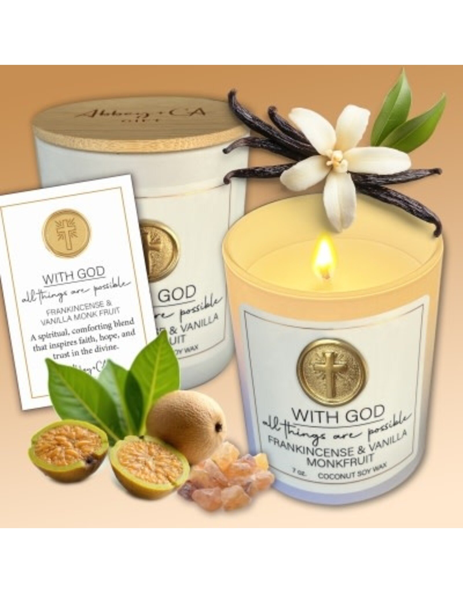 Abbey & CA Gift Candle - With God Frankincense & Vanilla Monk Fruit, 7 oz.