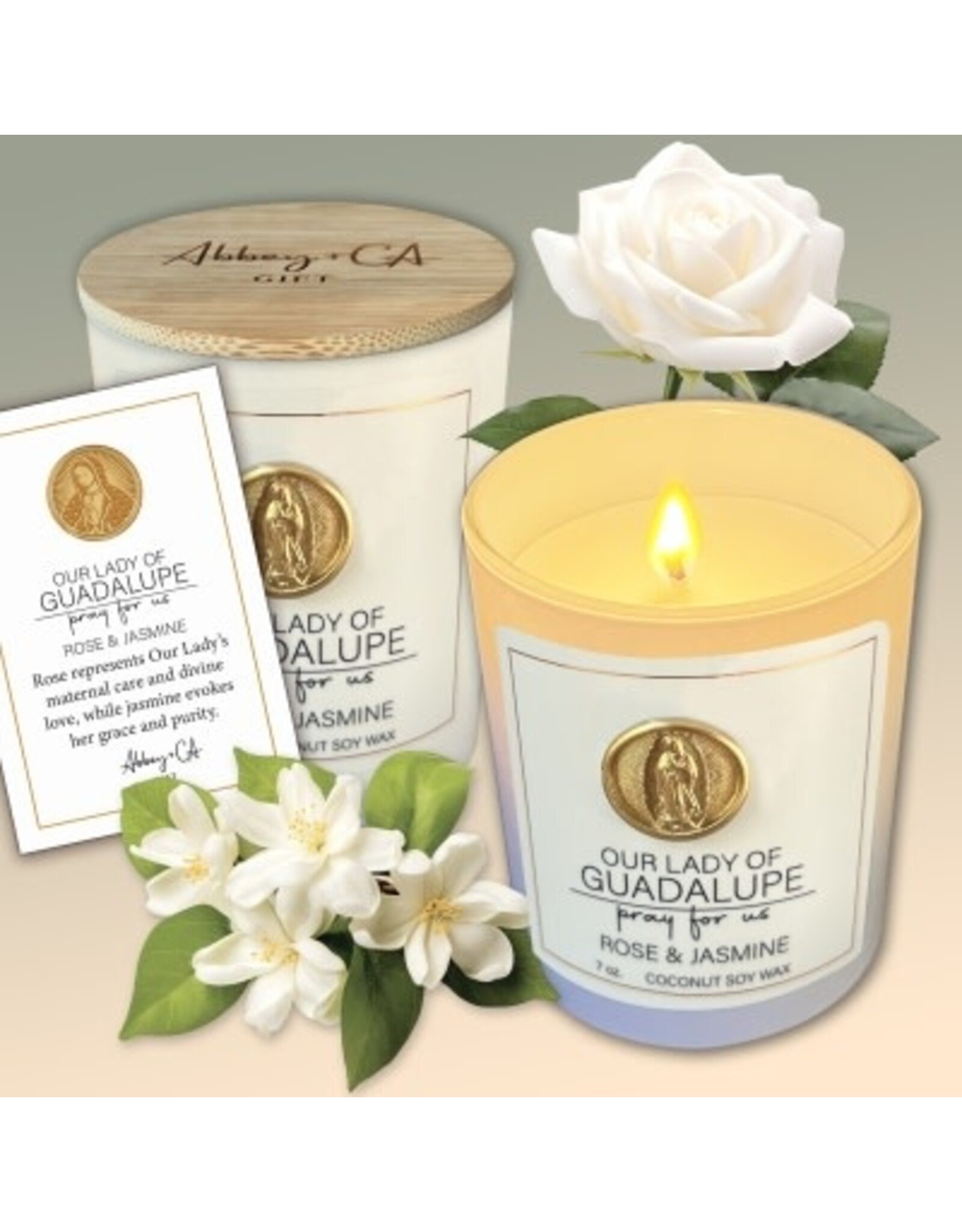 Abbey & CA Gift Candle - Our Lady of Guadalupe Rose and Jasmine, 7 oz.