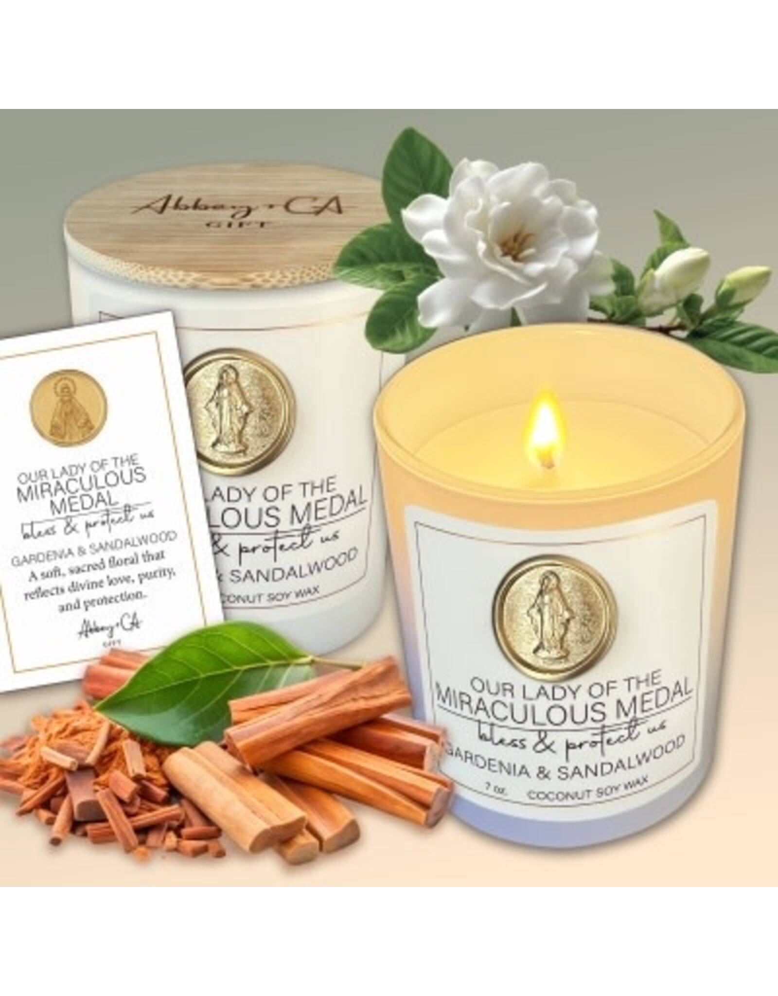 Abbey & CA Gift Candle - Our Lady of the Miraculous Medal Gardenia and Sandalwood, 7 oz.