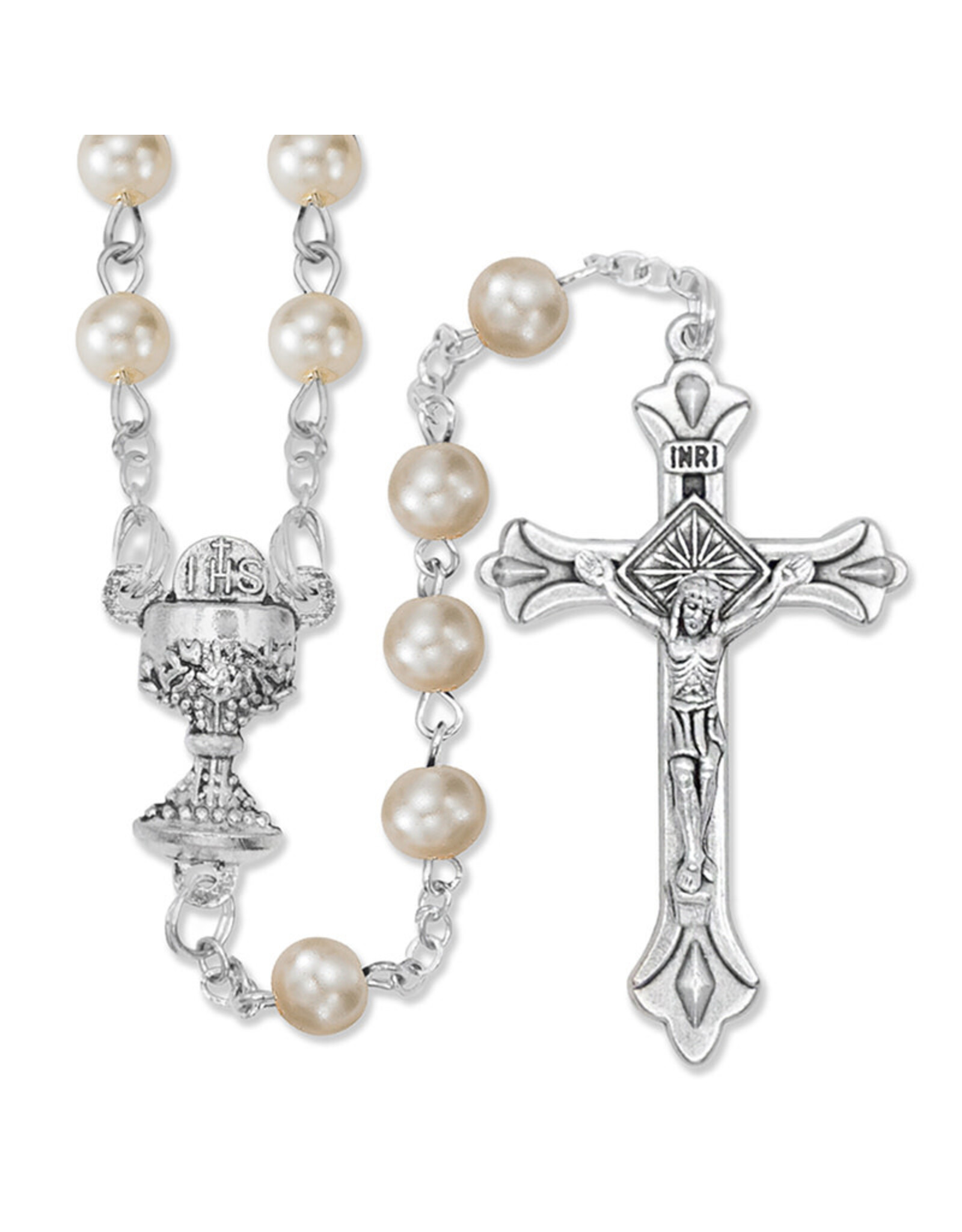 Singer First Communion Rosary, White Pearl Beads