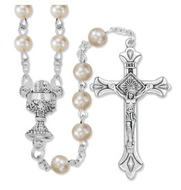 Singer First Communion Rosary, White Pearl Beads
