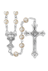 Singer First Communion Rosary, White Pearl Beads