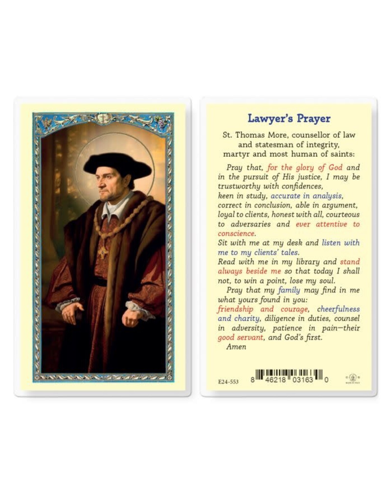 Hirten Holy Card, Laminated - Saint Thomas More, Lawyer's Prayer