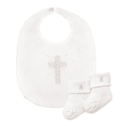Faithworks Baptism Gift Set (Bib & Socks), Embroidered Cross