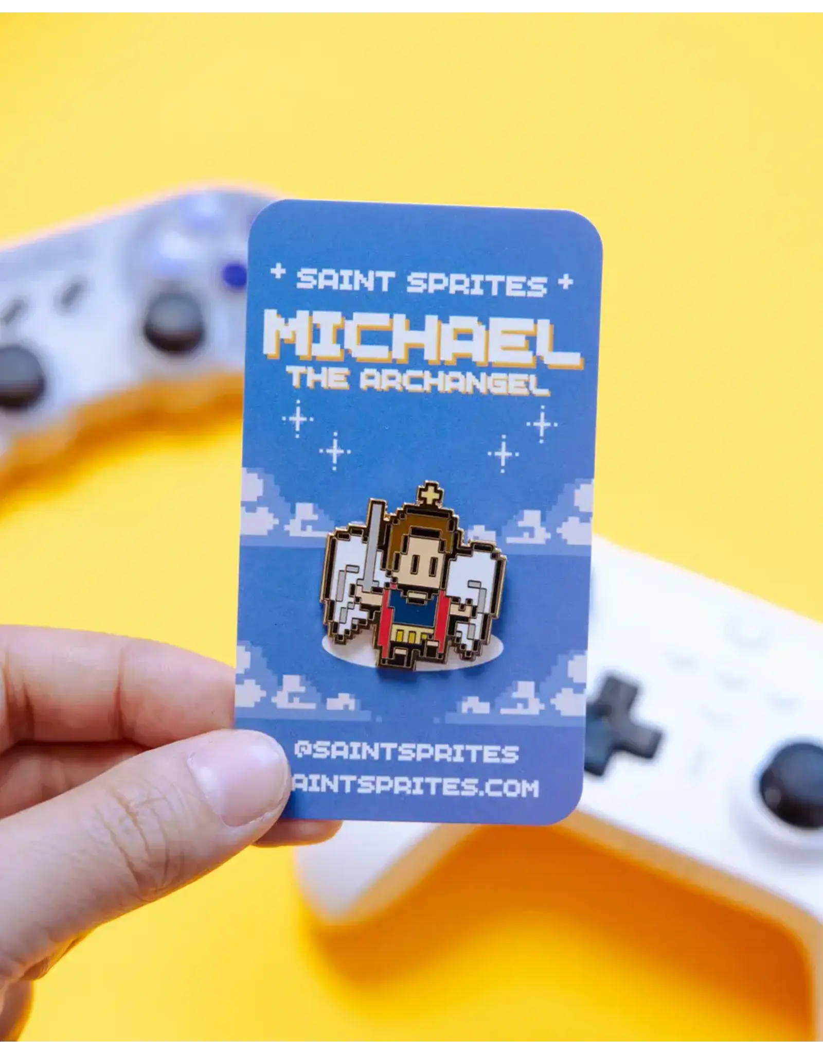 Saint Sprites St. Michael the Archangel Retro Video Game Pin, Enamel