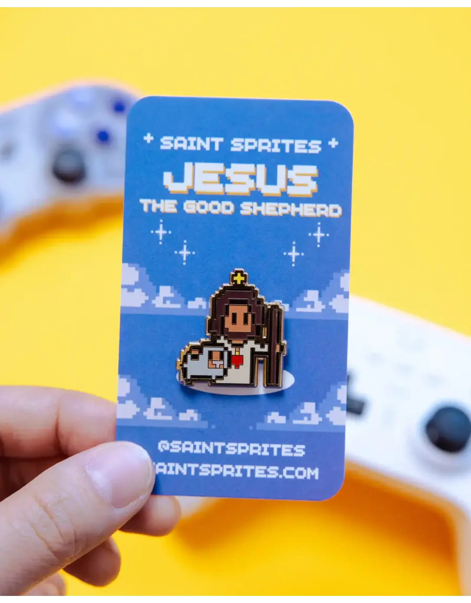 Saint Sprites Jesus the Good Shepherd Retro Video Game Pin, Enamel
