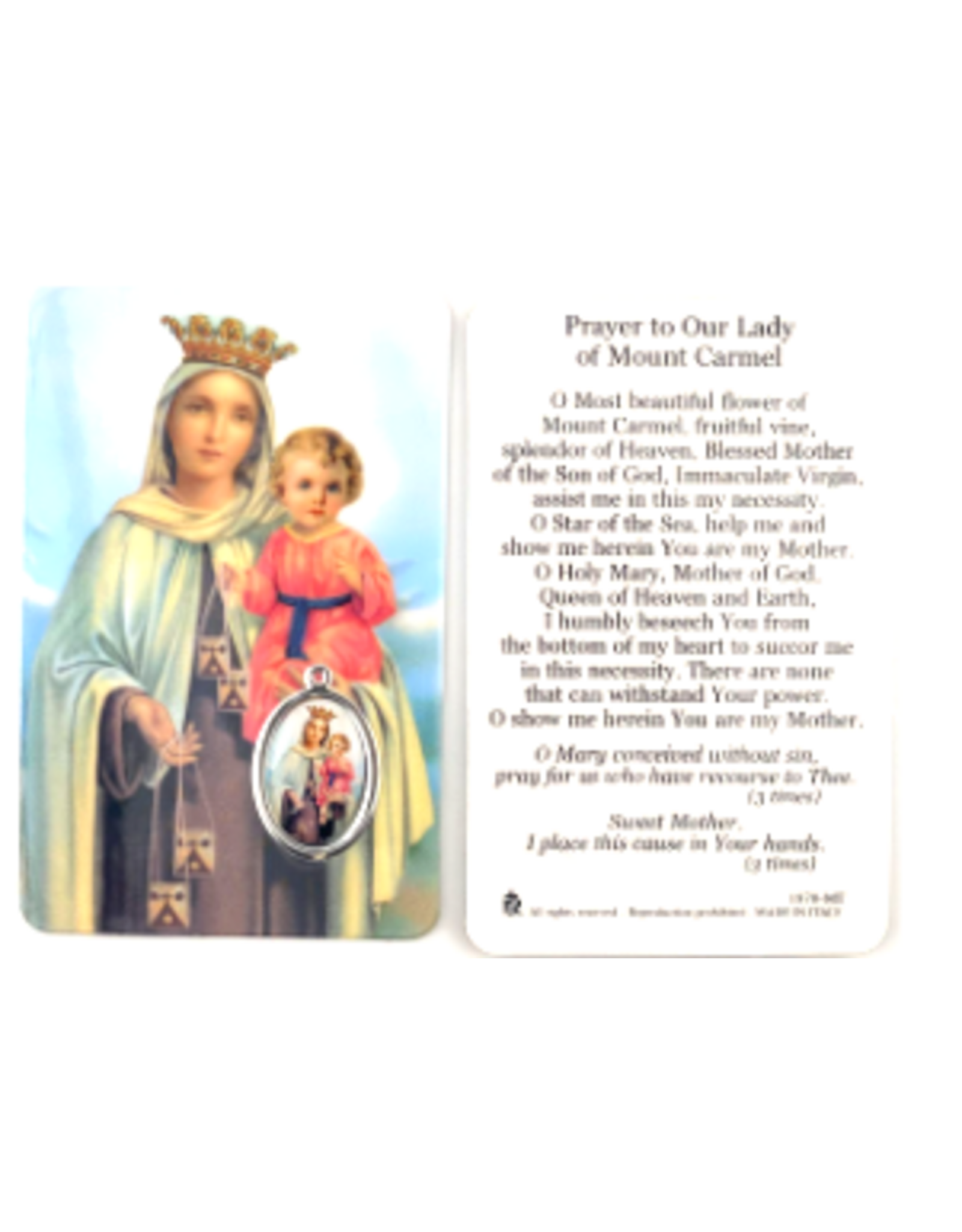 Religious Art Our Lady of Mt. Carmel Laminated Prayer Card with Medal