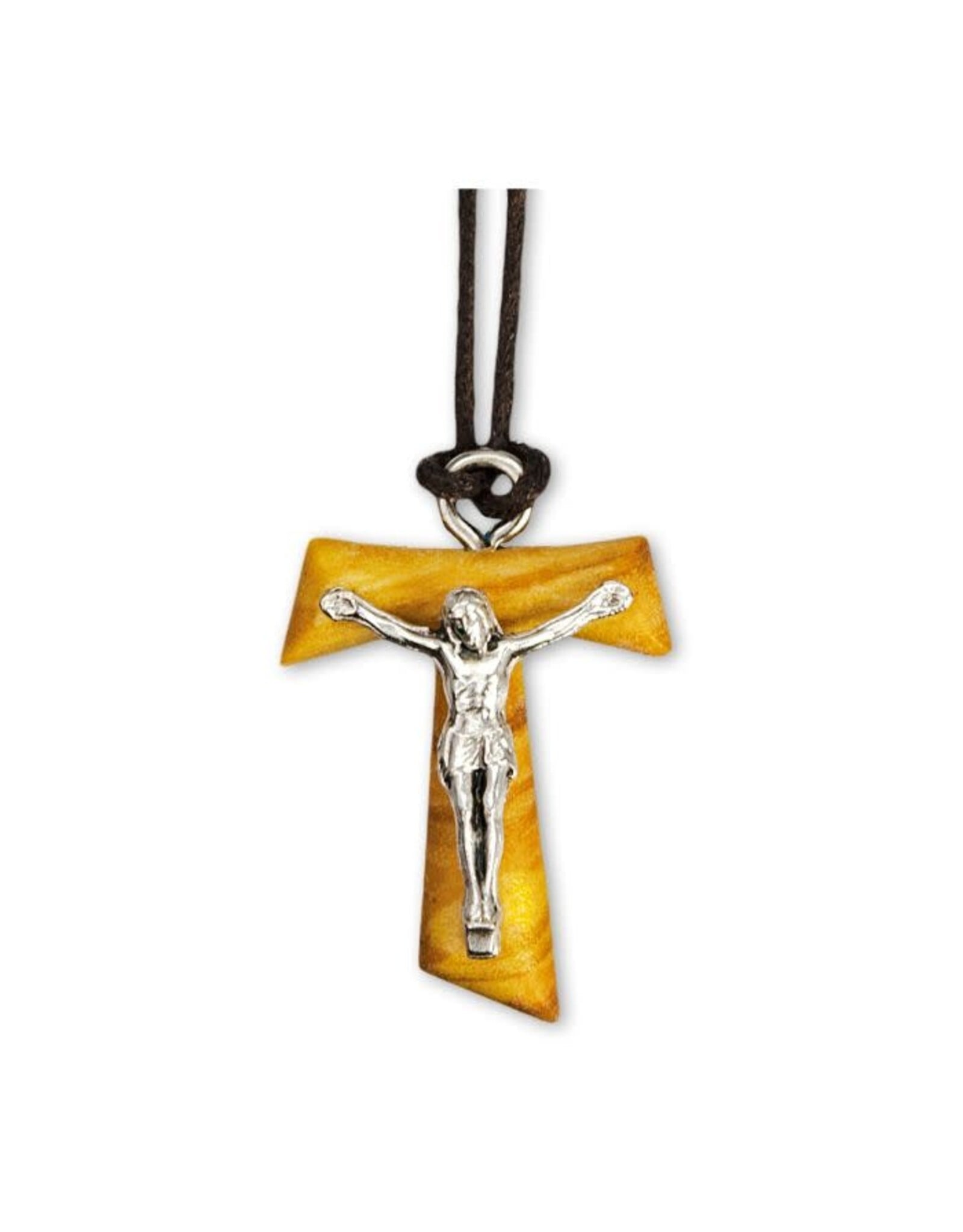 Hirten 1" Olive Wood Tau Cross with Corpus on a Brown Cord