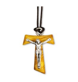 Hirten 1" Olive Wood Tau Cross with Corpus on a Brown Cord