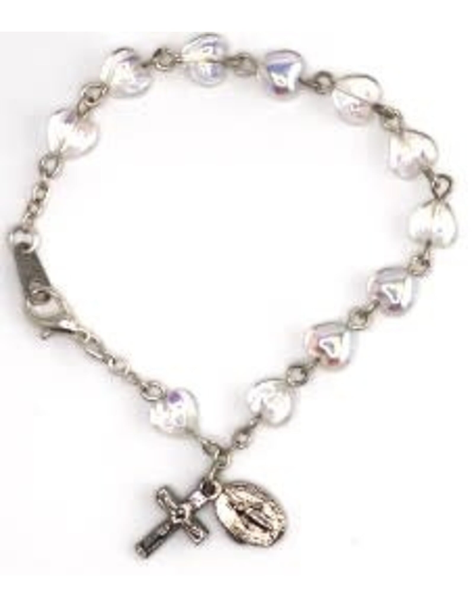 Religious Art Bracelet - Aurora Borealis Heart Beads w/Miraculous Medal & Crucifix