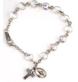 Religious Art Bracelet - Aurora Borealis Heart Beads w/Miraculous Medal & Crucifix