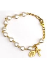 Religious Art Bracelet - Gold Plated Pearl Heart Beads w/Miraculous Medal & Crucifix