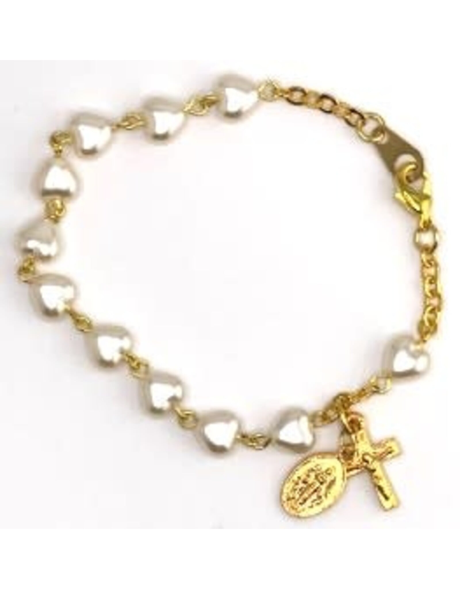Religious Art Bracelet - Gold Plated Pearl Heart Beads w/Miraculous Medal & Crucifix