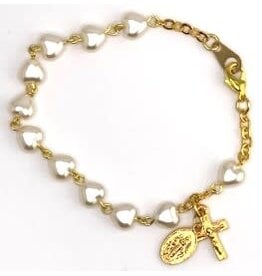 Religious Art Bracelet - Gold Plated Pearl Heart Beads w/Miraculous Medal & Crucifix