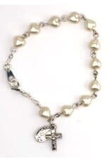 Religious Art Bracelet - Pearl Heart Beads w/Miraculous Medal & Crucifix