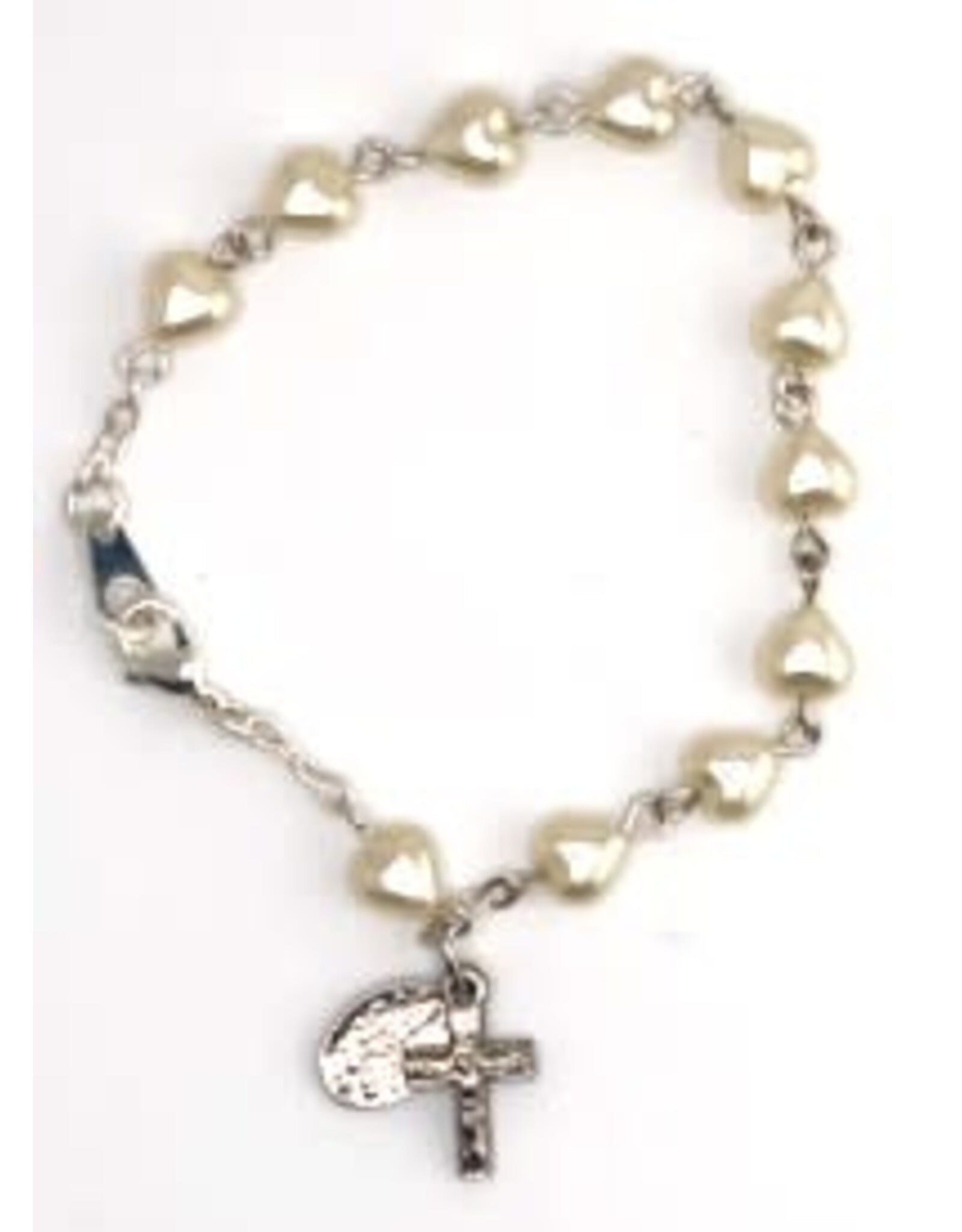 Religious Art Bracelet - Pearl Heart Beads w/Miraculous Medal & Crucifix