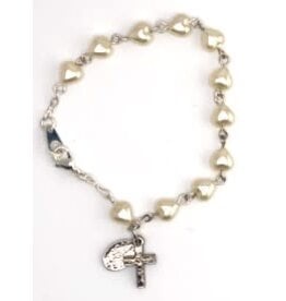 Religious Art Bracelet - Pearl Heart Beads w/Miraculous Medal & Crucifix