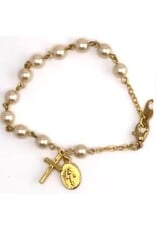 Religious Art Bracelet - Gold Plated Pearl Beads w/Miraculous Medal & Crucifix