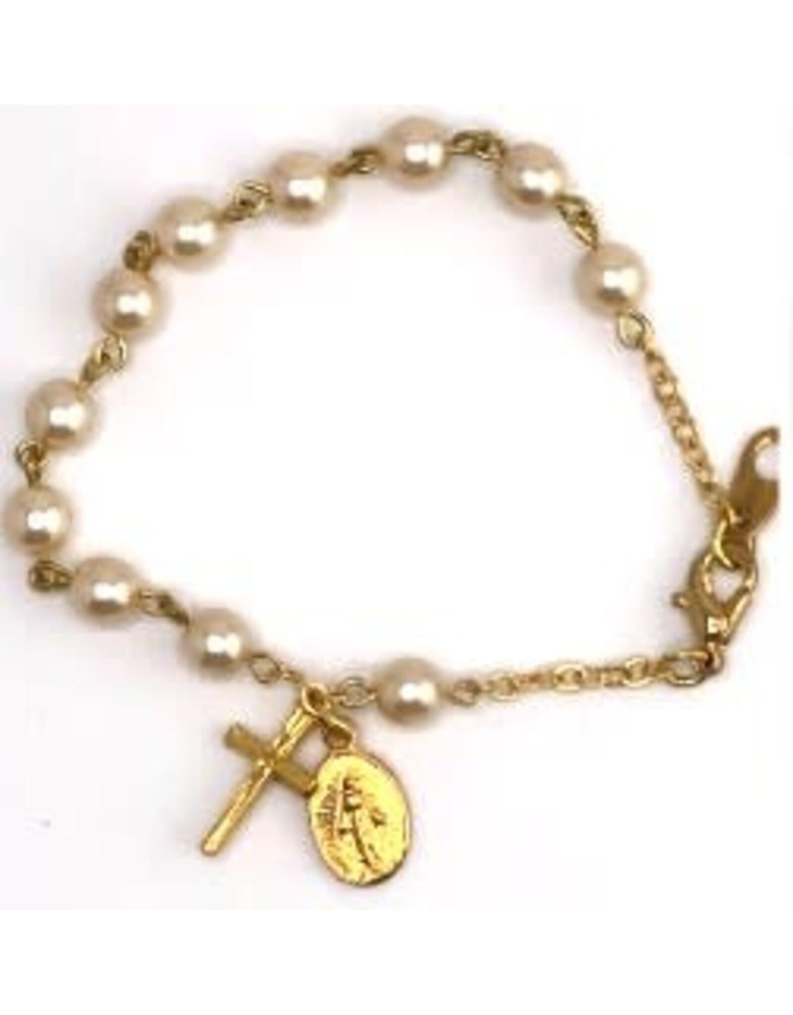 Religious Art Bracelet - Gold Plated Pearl Beads w/Miraculous Medal & Crucifix