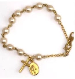 Religious Art Bracelet - Gold Plated Pearl Beads w/Miraculous Medal & Crucifix
