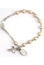 Religious Art Bracelet - Pearl Beads w/Miraculous Medal & Crucifix