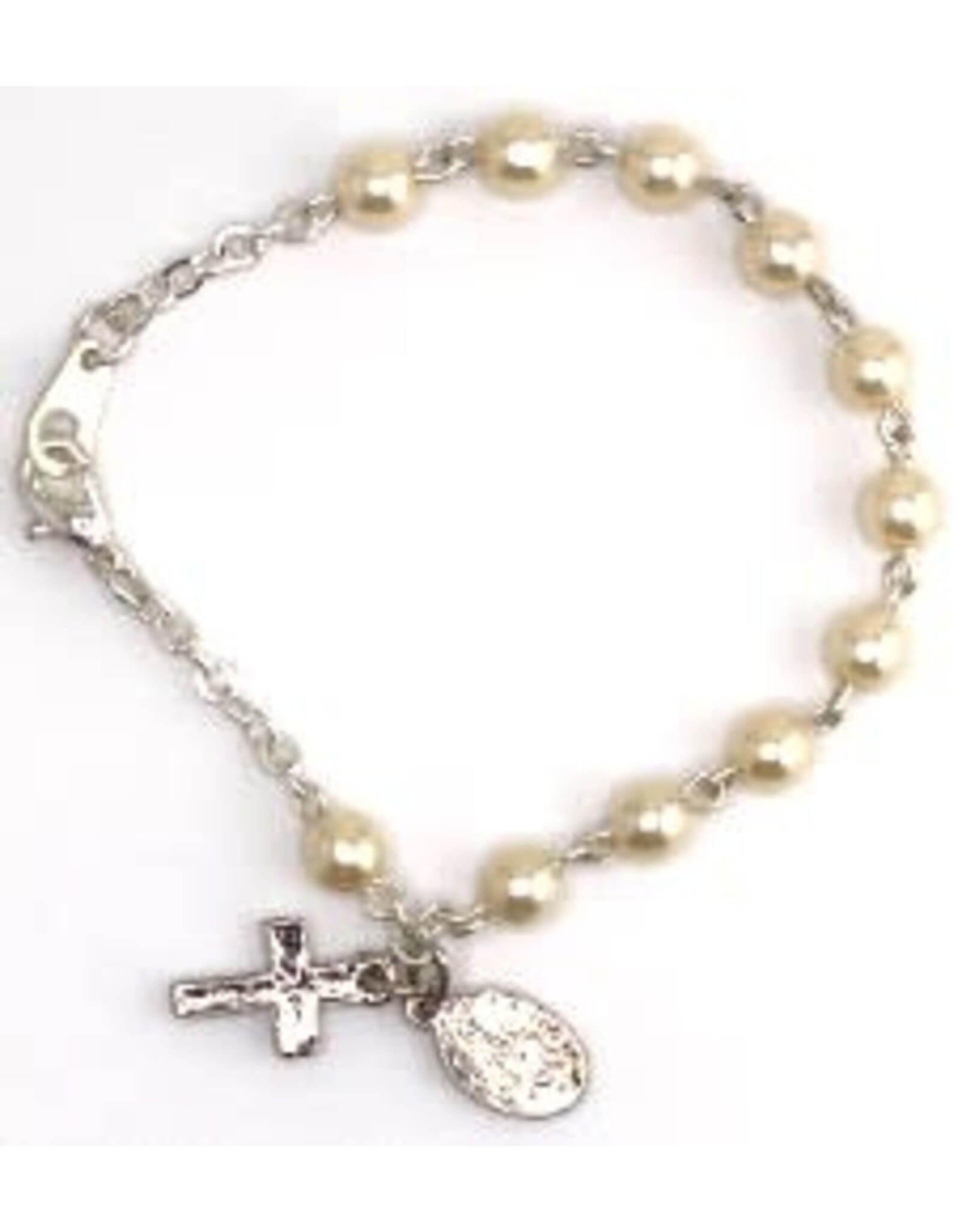 Religious Art Bracelet - Pearl Beads w/Miraculous Medal & Crucifix